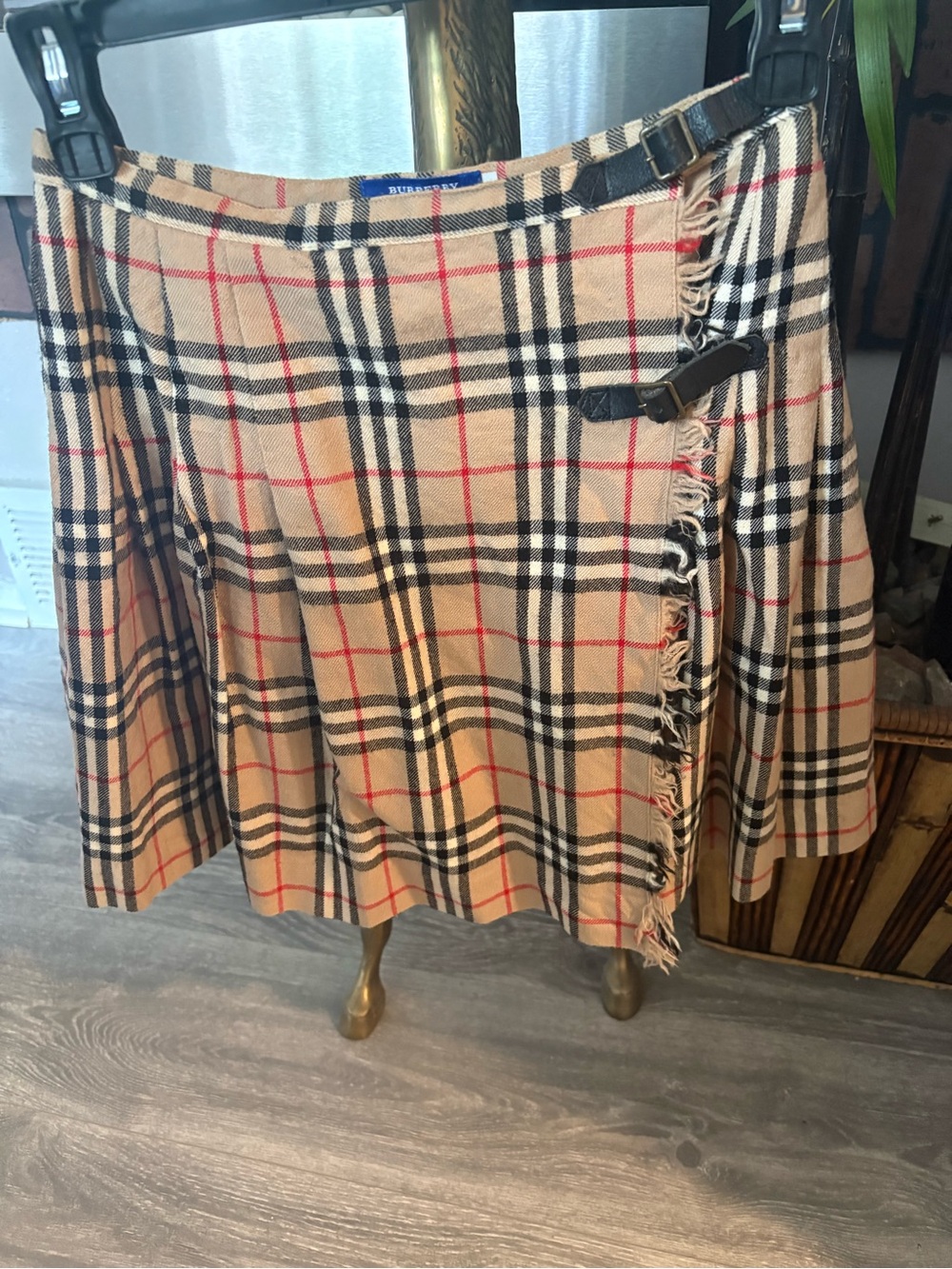 Burberry Tan Plaid Wrap Skirt with Buckle Straps